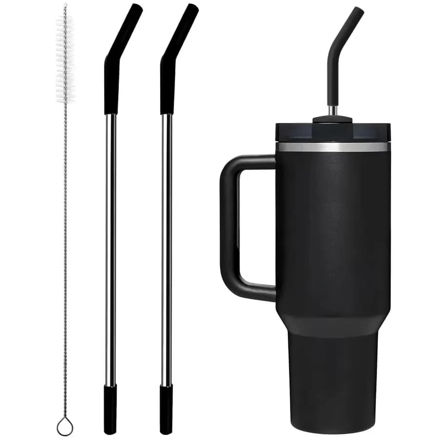 Stainless steel barrel with silicone tip for Stanley Cup, 2 spare straws for Stanley 40oz/30oz glasses, 1 straw brush