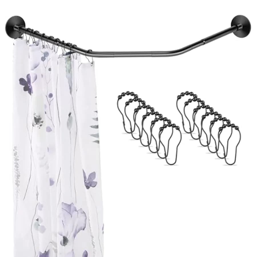 Asta per Tenda Doccia Angolare Regolabile Nera con 12 Ganci, Asta per Tenda Doccia a Forma di Diamante 31-41 Pollici, Curva Antiruggine in Acciaio 304