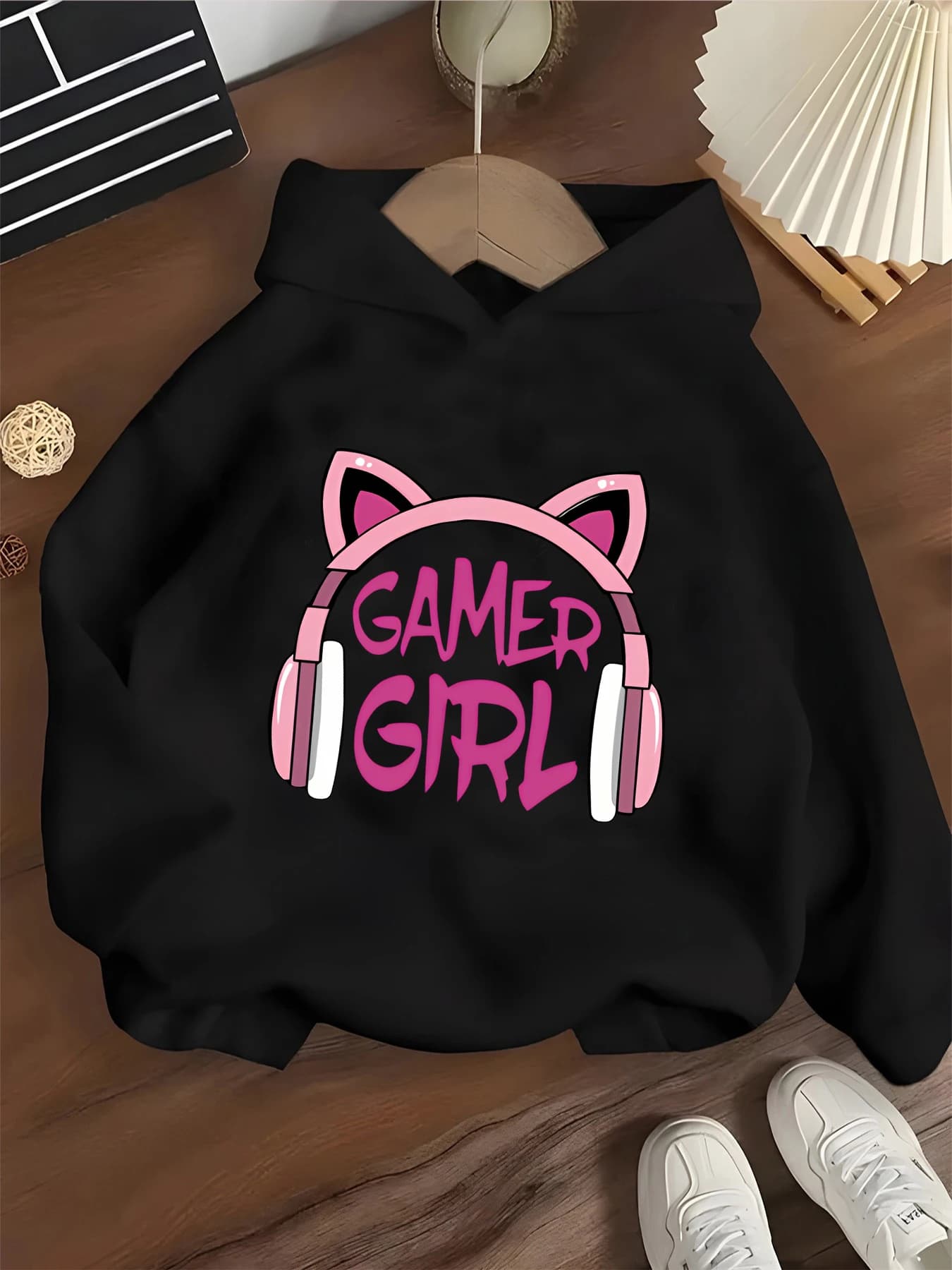 Gamer Girl hoodie, pullover with cat ear shaped headphone print, casual sweatshirt with long sleeve hood for girls