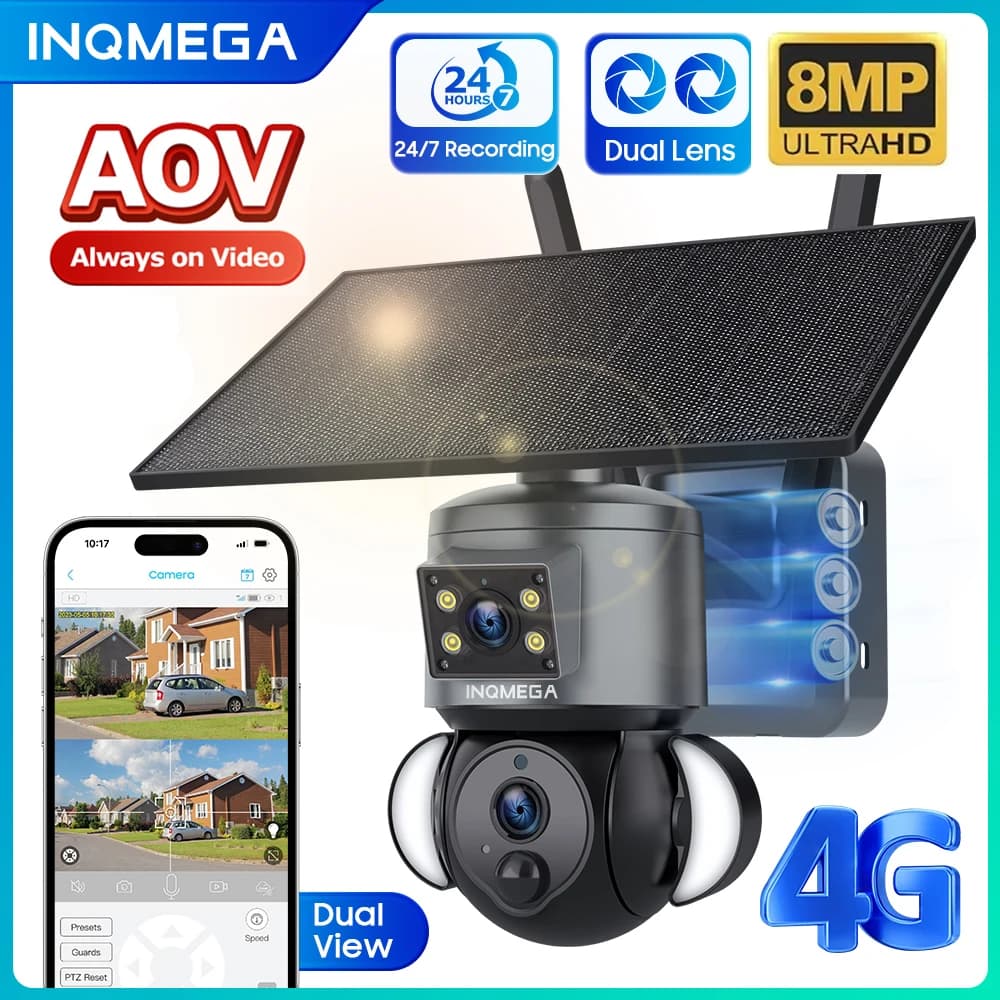 INQMEGA 8MP 4G SIM Solar camera AOV Double external lens 360 ° View the 12000mAh battery of the 10 W solar panel security PTZ IP WIFI camera