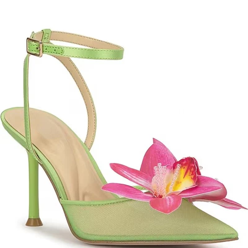Flower Decorations Mesh Mixed Colors Sandals Sexy Pointed Toe Thin Heel Accept Customized New Arrivals Fashion Women Shoes