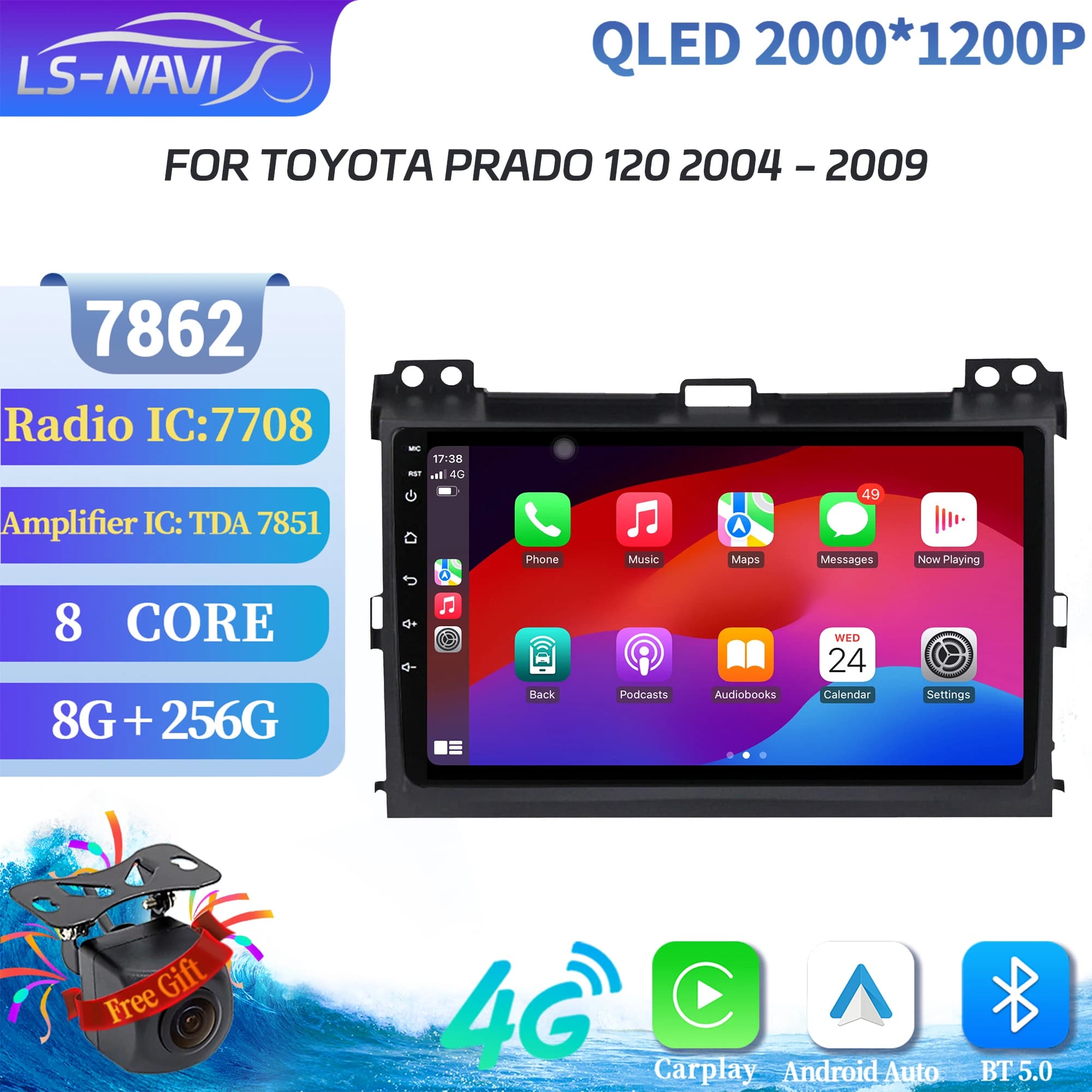 For Toyota Prado 120 2004-2009 Car Radio Wireless Bluetooth Carplay Multimedia Navigation 4G GPS 7862S Head Unit 2K QLED Screen