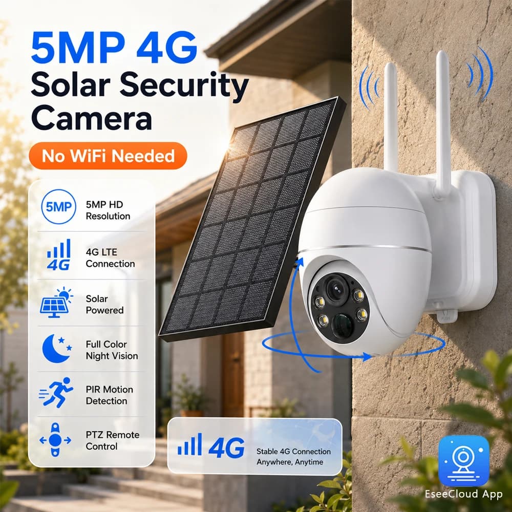 Telecamera di Sicurezza Esterna 4G con SIM, Alimentazione Solare, PTZ, Allarme PIR, Visione Notturna a Colori, App EseeCloud, IP Pro App 360 ° Telecamera di Sicurezza con Visione Remota e Comunicazione Bidirezionale, Impermeabile IP66