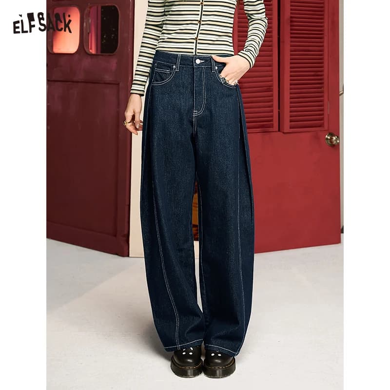 ELFSACK 2024 autunno nuovo arriva blu lavato decostruito semplice cerniera vita naturale casual versatile jeans larghi a gamba larga per w