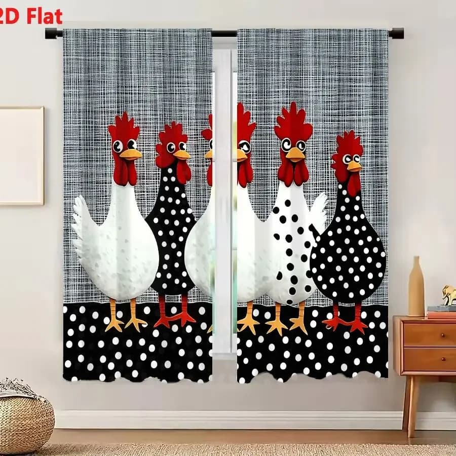 2Pcs Curtains 2D Flat Five Cartoon Chickens With Polka Dot Patterns On Textured Background Window Drapes for Bedroom Room Decor