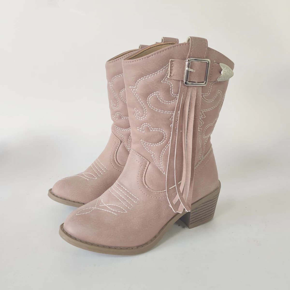 Pink Belt Buckle Tassel One Foot Stirrup Embroidery Chunky Heel Round Toe Knight Boots Western Mid Calf Boots For Girls