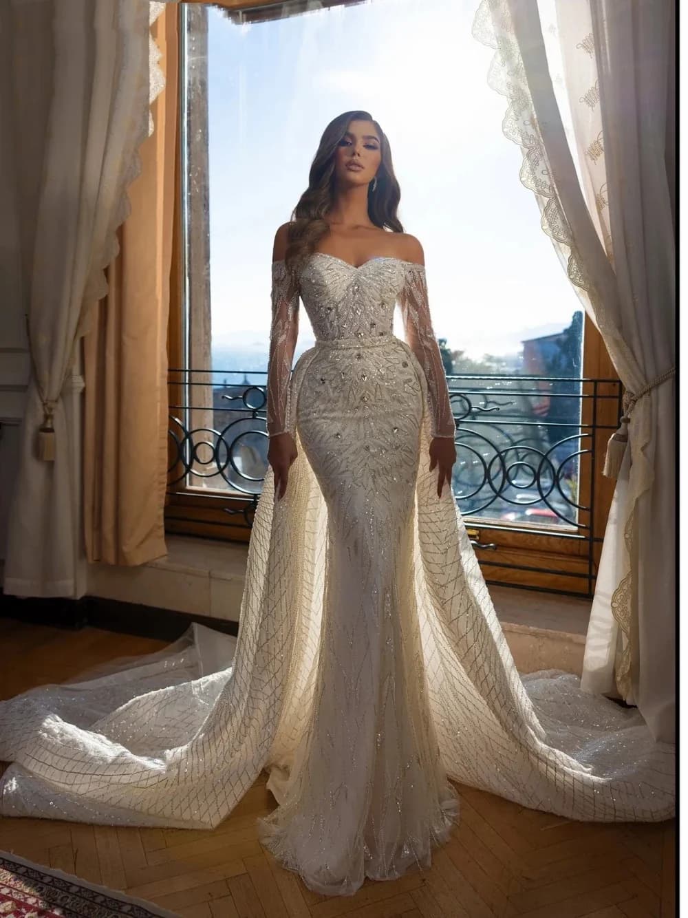 Flavinke Personalizzato Cristallo A-line Sposa Abito Al Largo Della Spalla Abiti Da Sposa 2025 Perline Scintillanti Abito Da Sposa Abiti Da Sposa