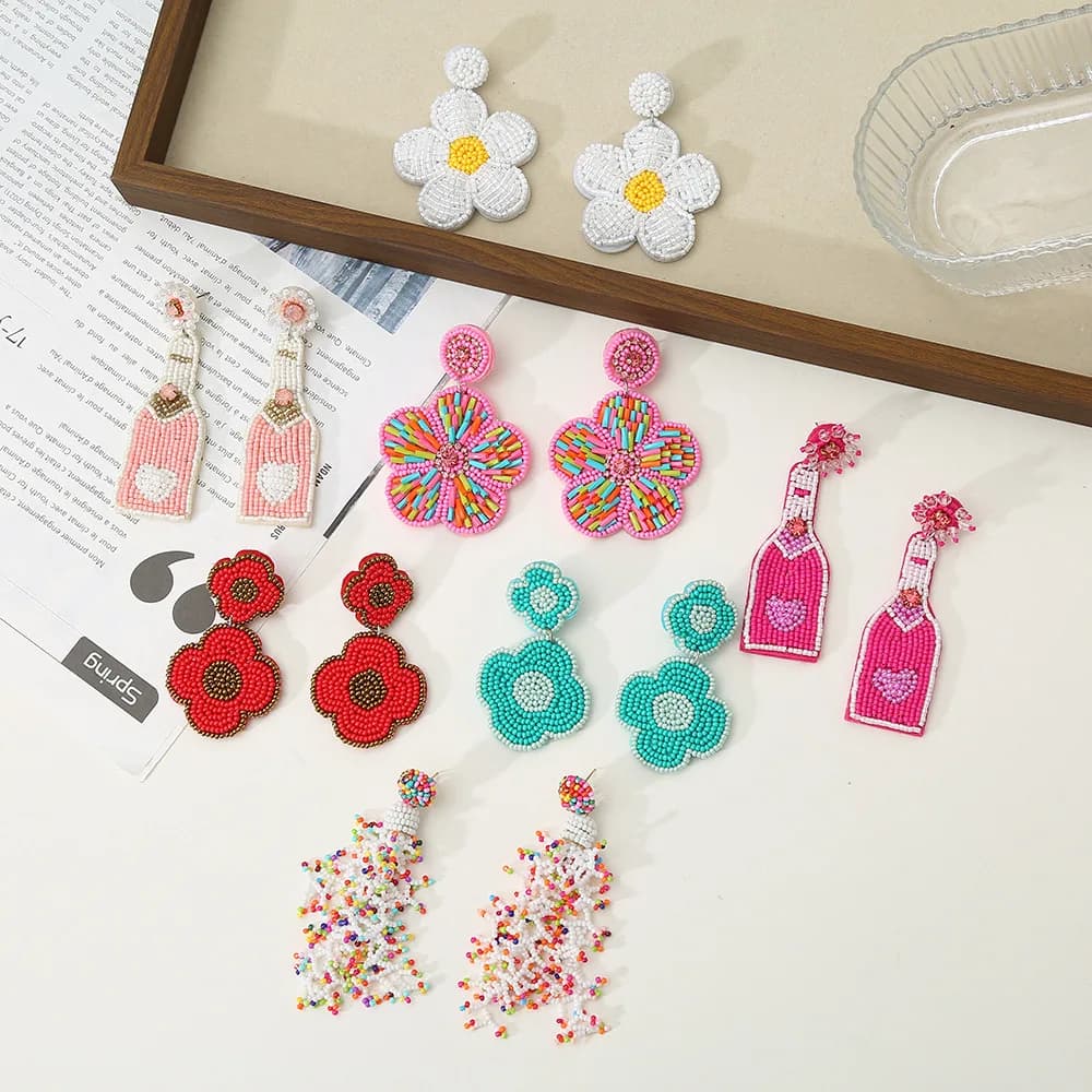 Orecchini con perline di riso Fiori Originalità Bottiglia per maglieria a mano Design Moda Boemia Lega femminile Arte del tessuto Orecchini con perline