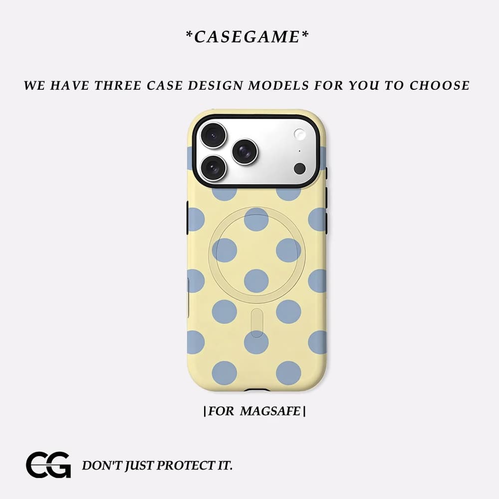 Casegame Cover Opaca Antiurto per iPhone 17 16 15 14 Plus 13 Pro Max con Bumper per MagSafe, in PC Rigido, Giallo con Punti Blu