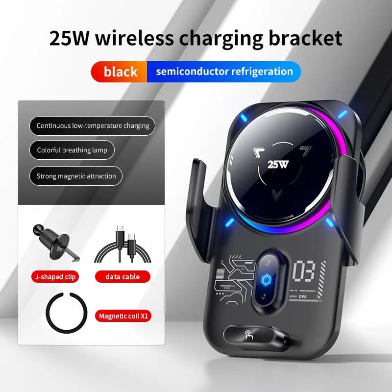 New Arrival Gadget Air Vent Semiconductor Refrigeration Colorful Breathing Lamp Strong Magnetic 25W Car Wireless Charger Bracket