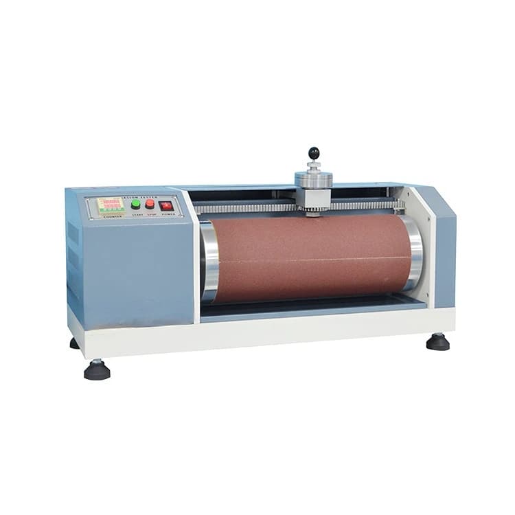 Wear tester for elastic materials, rubber, tires, conveyor belts, drive belts, soles, synthetic leather, leather