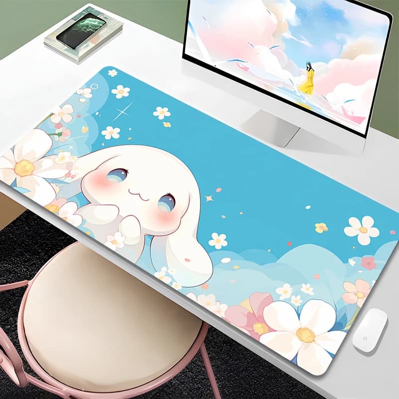 Tappetino per mouse grande kawaii, tappetino per tastiera, accessori da gaming, bordo con cuciture, tappetino per mouse Cinnamoroll a tema cartone animato, tappetino esteso per PC gamer