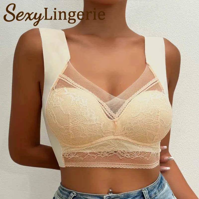Reggiseno di pizzo da donna Prospettiva Bralette Push Up Reggiseno a V profondo in seta di ghiaccio Lingerie sexy Top Taglie forti Biancheria intima della mamma L-5XL