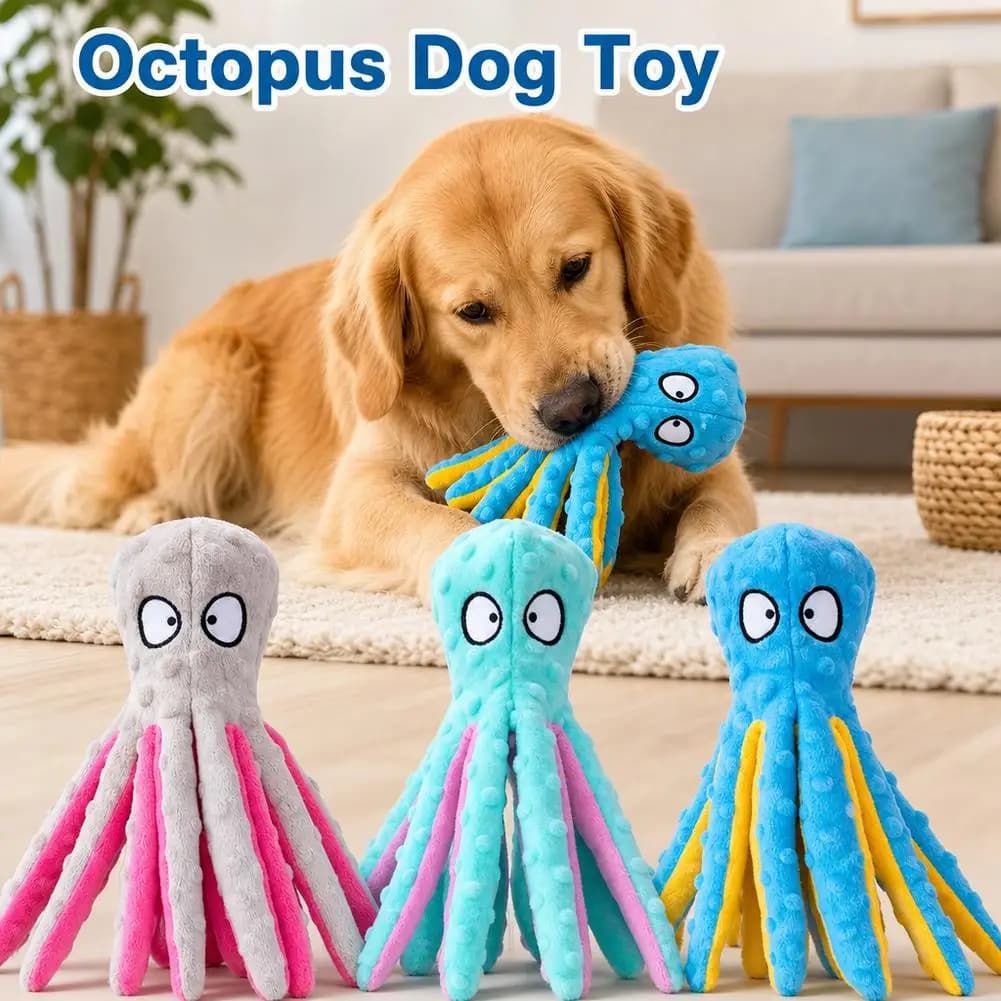 Dog Squeaky Toys Octopus - No Stuffing Crinkle Plush Dog Toys for Puppy Teething, Durable Interactive Dog Chew Toys for Small, M