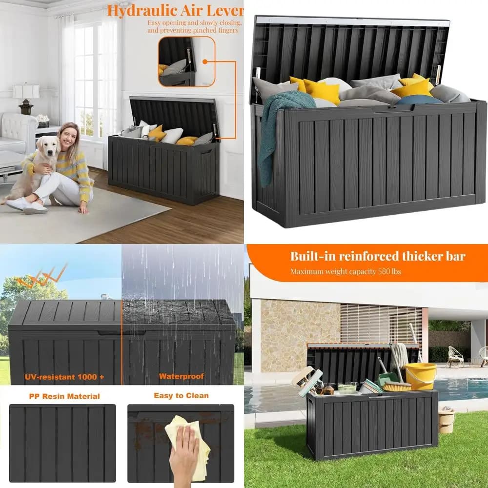 Exterior Container with 90 Gallon Lock for Patio, Garden and Tools - Black Raincoat for Exterior