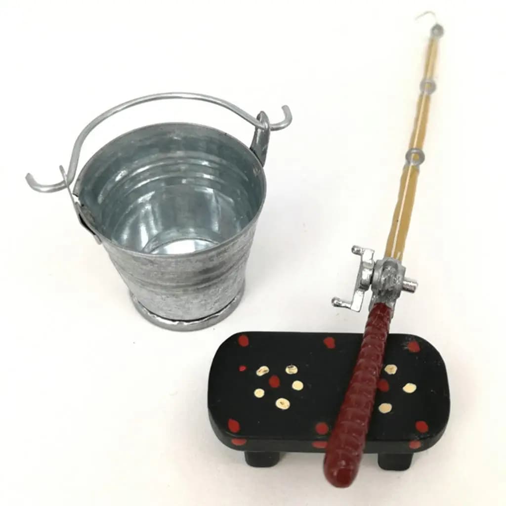 Set of Doll Garden Tools, Iron Bucket, Bench, Fishing Rod, 1:12 Scale Accessories for Doll Home Decoration