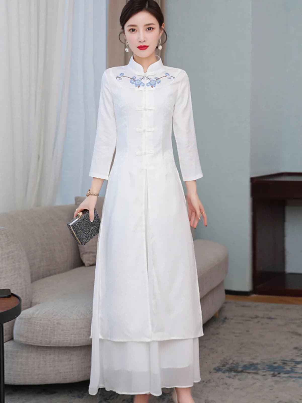 Spring Autumn New Style Improved Embroidery Midi Dress Zen Tea Ceremony Skirt Retro Commute mid Waist Polyester Fiber
