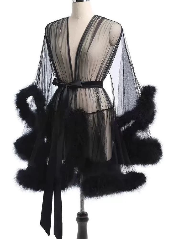 Sexy Transparent Mesh Outer Robe Bathrobe Nightgown See through Home Clothes Fur Splicing Sleeve mid Length Coat for Women
