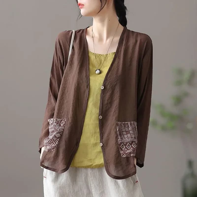 Cardigan vintage da donna in cotone e lino con scollo a V, giacca leggera estiva per protezione solare
