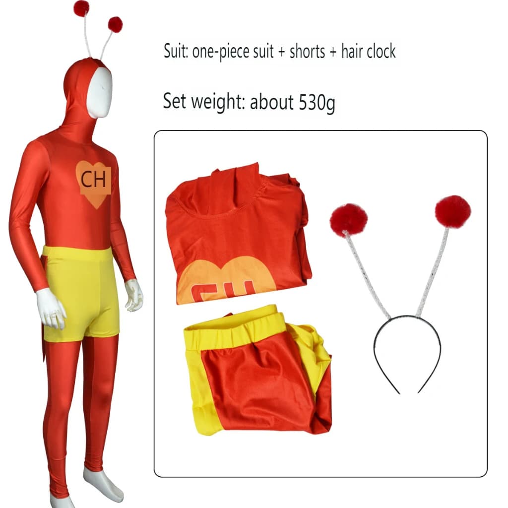 El Chapulin Colorado Comico Cosplay Costume Red hooded suit with Antennae CH Heart Printed Body Halloween Carnival Sui