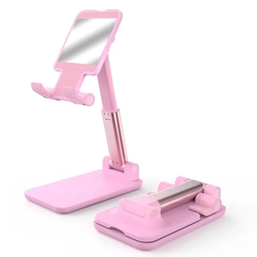 Cell Phone Stand, Adjustable Angle and Height Cell Phone Holder for Desk, Foldable and Portable, Anti-Slip Silicone Pad, Compat
