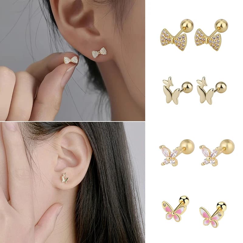 Orecchini a bottone con fiocco Y2K a farfalla carina di nuova moda per le donne Orecchini femminili color oro per ragazze Gioielli eleganti Regali per piercing quotidiano