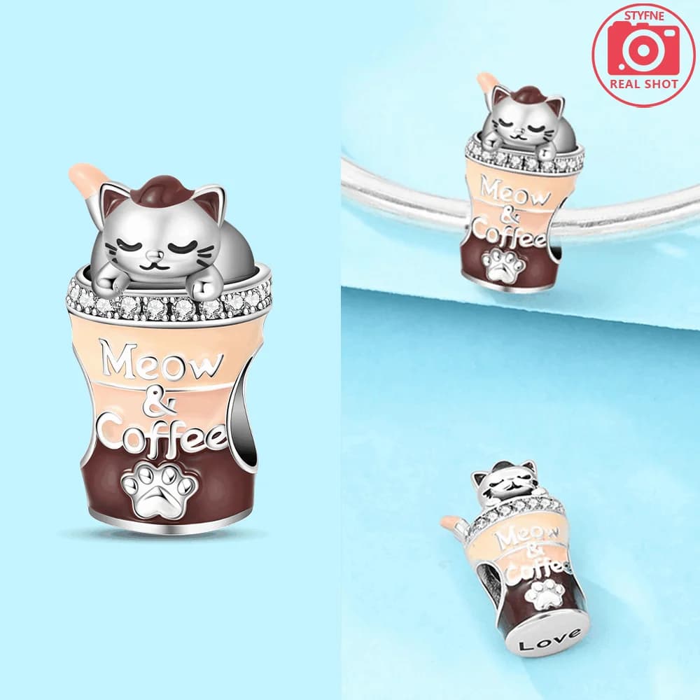 925 Sterling Silver Coffee Sleeping Cat Charms Beads Fit Original Bracelets Bag Keychain Earring Pendant Diy Women Jewelry Gift