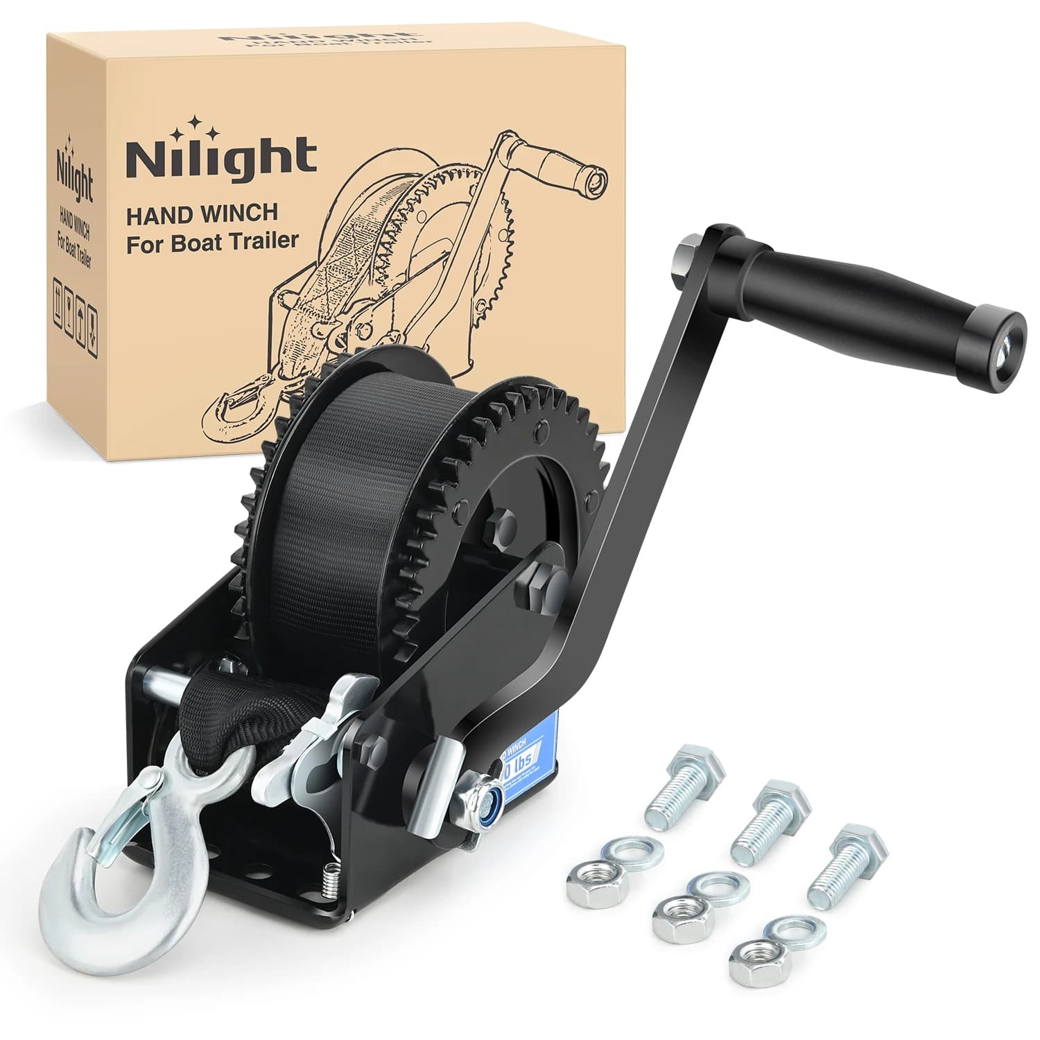 Nilight Boat Trailer Winch 2000 Lbs Hand Crank Winch Heavy Duty Boat Winches with 23Ft Strap Rope Hook 2-Way Ratchet 4:1 Gear Portable Marine Manual Winch for Trailers Boats RV ATV Jet Ski Towing