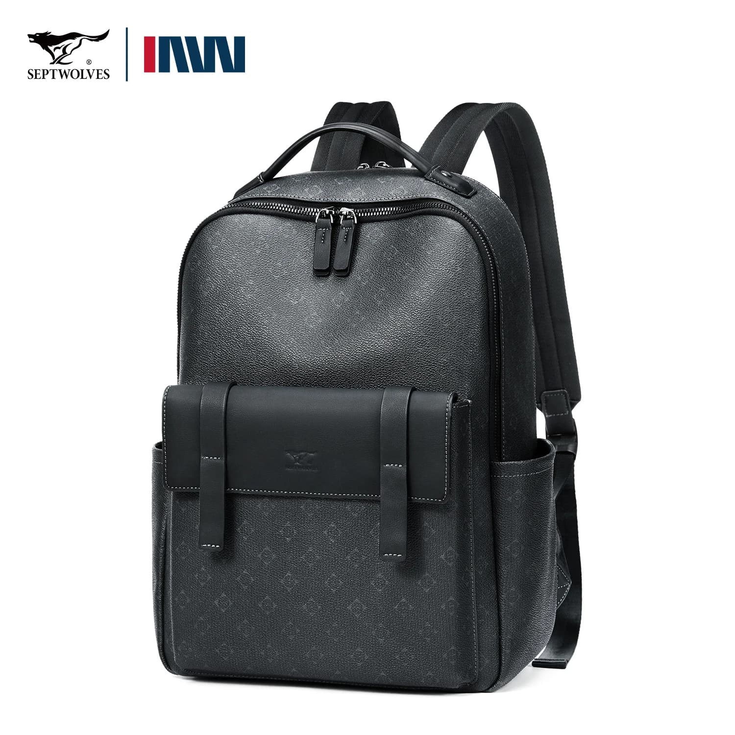 Zaino da uomo in pelle di lusso Septwolves Zaino per laptop elegante stampato con monogramma Borsa da viaggio da 15 pollici Zaino da lavoro nero