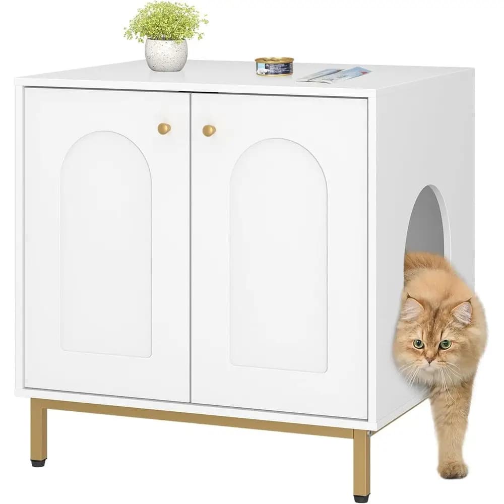 Mobiletto per Lettiera per Gatti in Legno Bianco e Oro con Design a Tavolino Laterale per Soggiorno e Camera da Letto