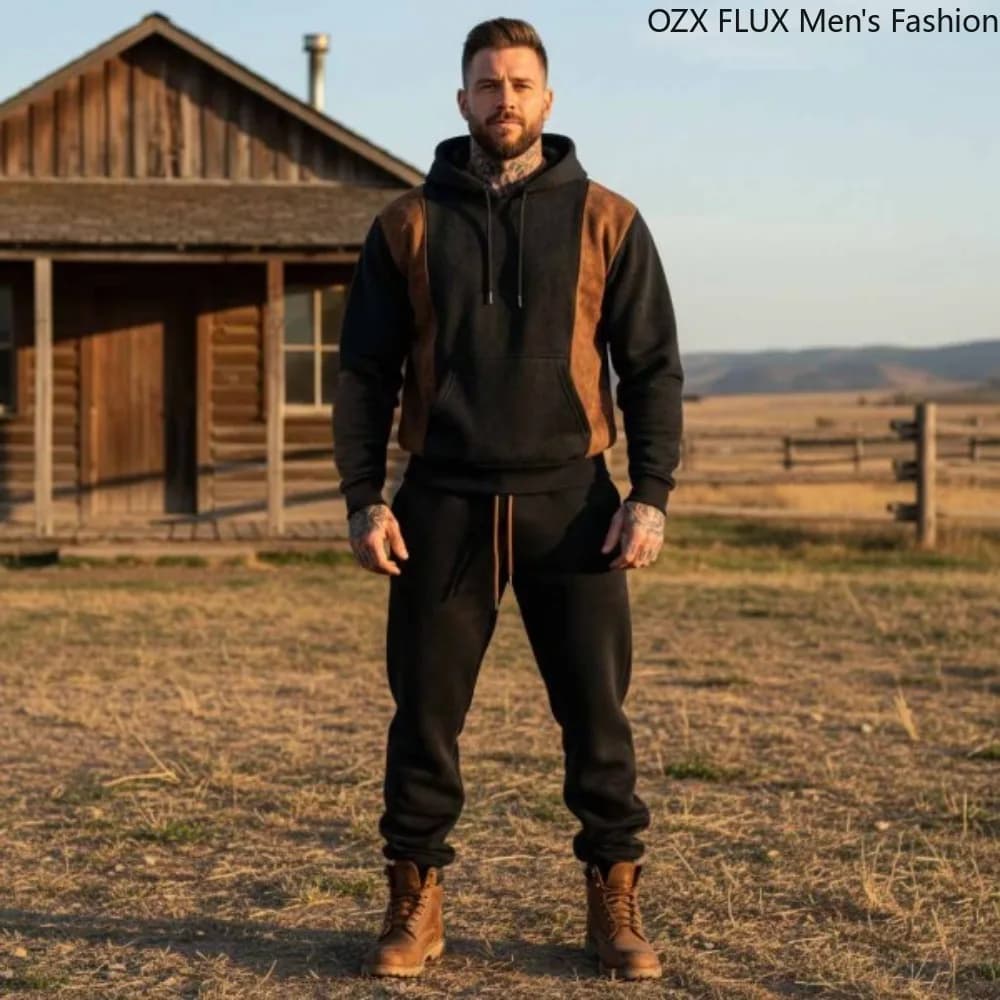 3xl Autumn Winter Men 2-pcs Fashion Lightweight Breathable Army Black Stitching Brown Suede Hoodie Jogger Two Piece Sport Outfit