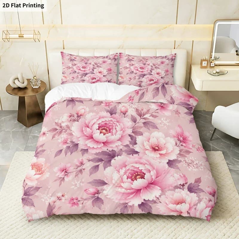 3PCS Duvet Cover, 1 Duvet Cover + 2 Pillowcases (Without Filler) Pink Roses Floral Pattern