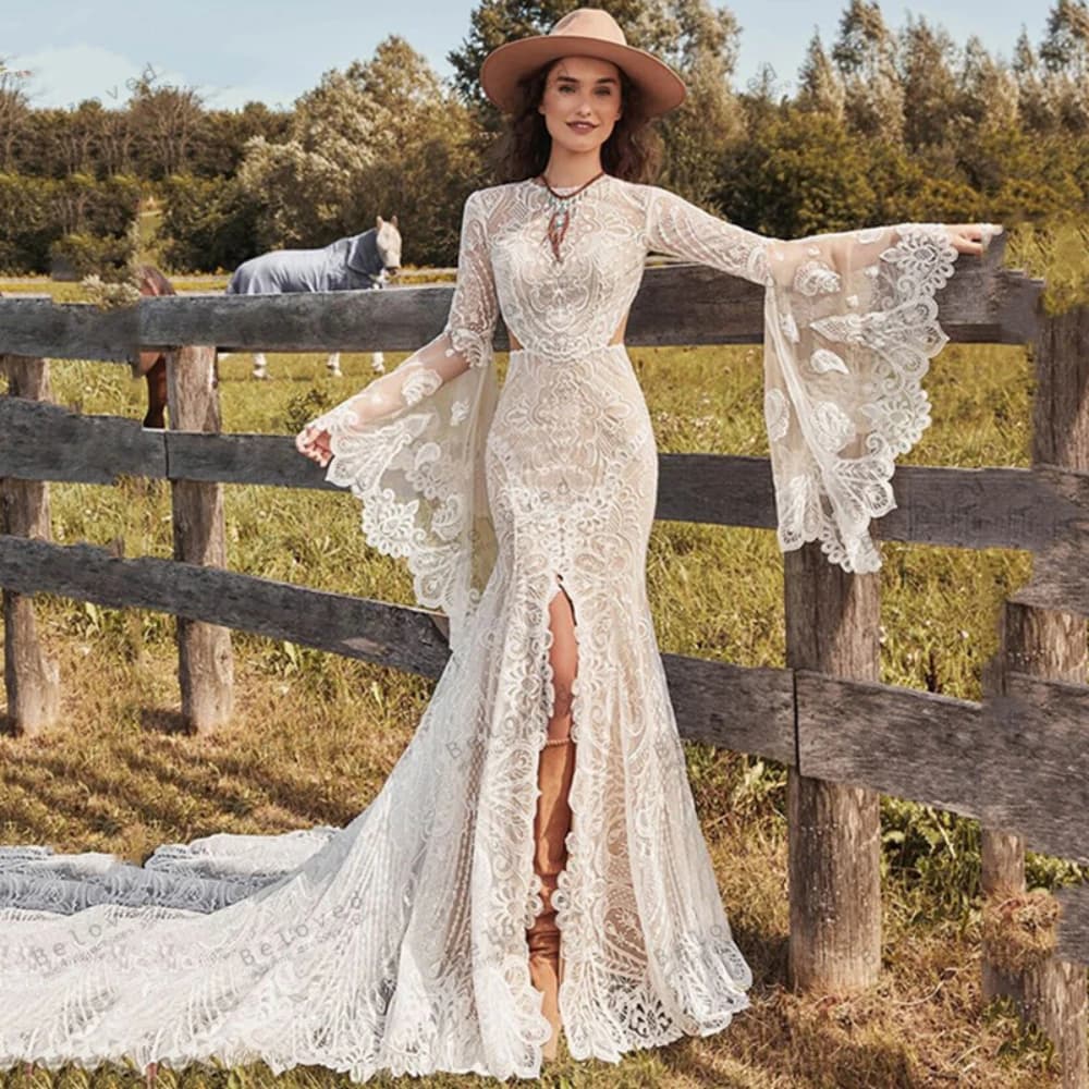 Abiti da sposa della Boemia Abiti da sposa squisiti Applicazioni in pizzo Maniche svasate Abiti glamour Abiti da sposa 2025 Personalizzato