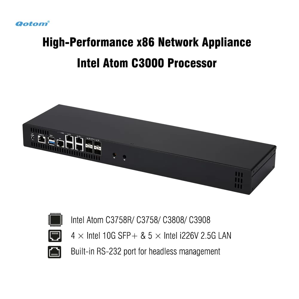 Q20300G9 1U Rack - CPU Atom C3000, 4x 10G SFP+/ 5x 2.5G LAN, RAM DDR4, Dual NVMe - Appliance Firewall PfSense/OPNsense