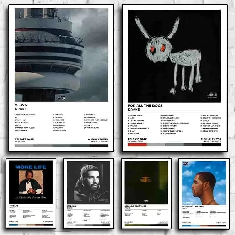 Drake Poster Per Tutti I Cani Album Tracklist Musica Copertina Hip Hop Rapper Scorpion Care VIEWS Stampa su tela Wall Art Room Decor