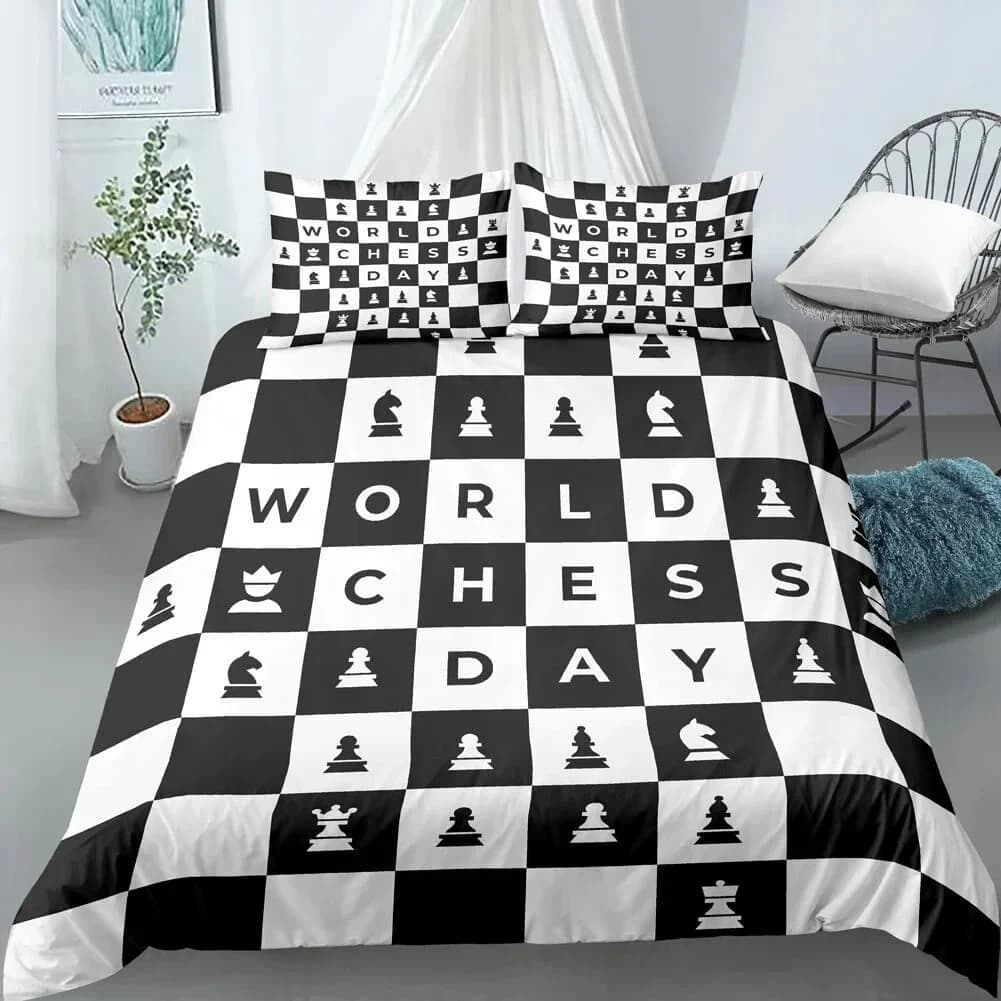 Set copripiumino per scacchiera Stampa Scacchi internazionale Copripiumino bianco nero per bambini Set biancheria da letto per ragazzi Caldo e confortevole