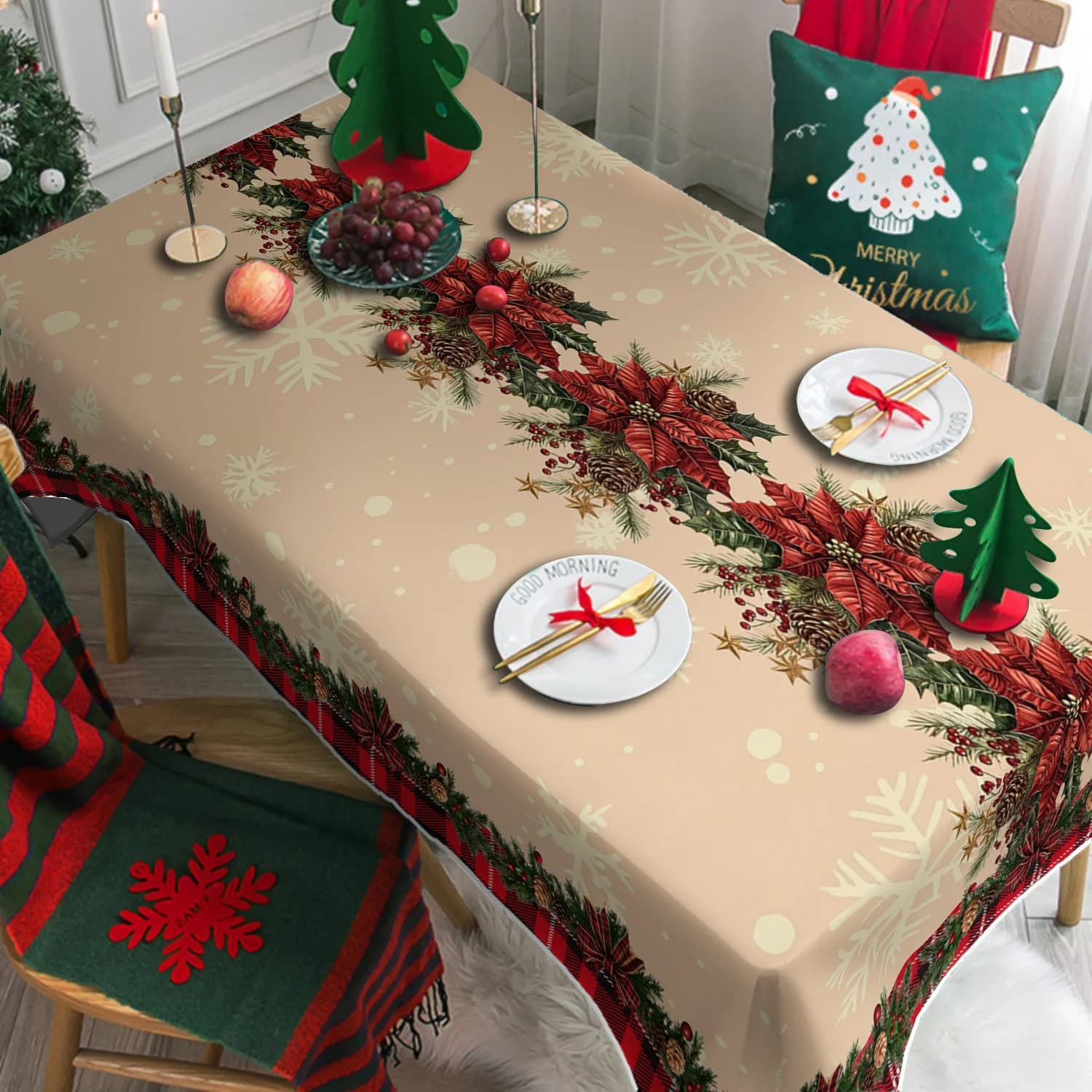 Tovaglia Impermeabile con Motivi Natalizi Poinsettia e Foglie di Pino, Decorazione per Tavolo Invernale, Tovaglia per Cucina e Sala da Pranzo, Decorazioni Natalizie