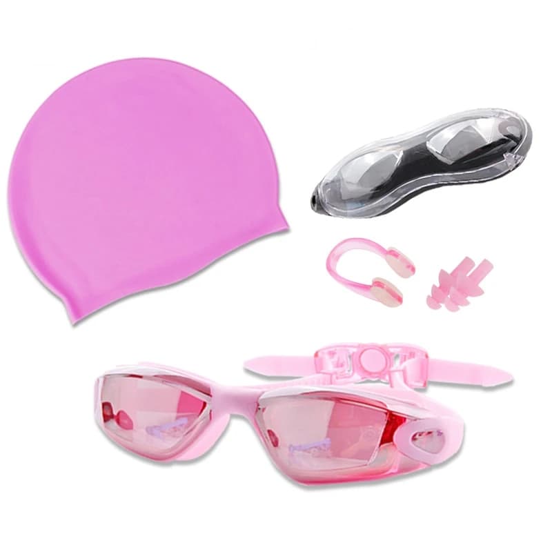Anti-Fog Waterproof Electroplated Silicone Swimming Goggles Complete Set with Swim Cap Nose Clip Earplugs Pool Water Activities