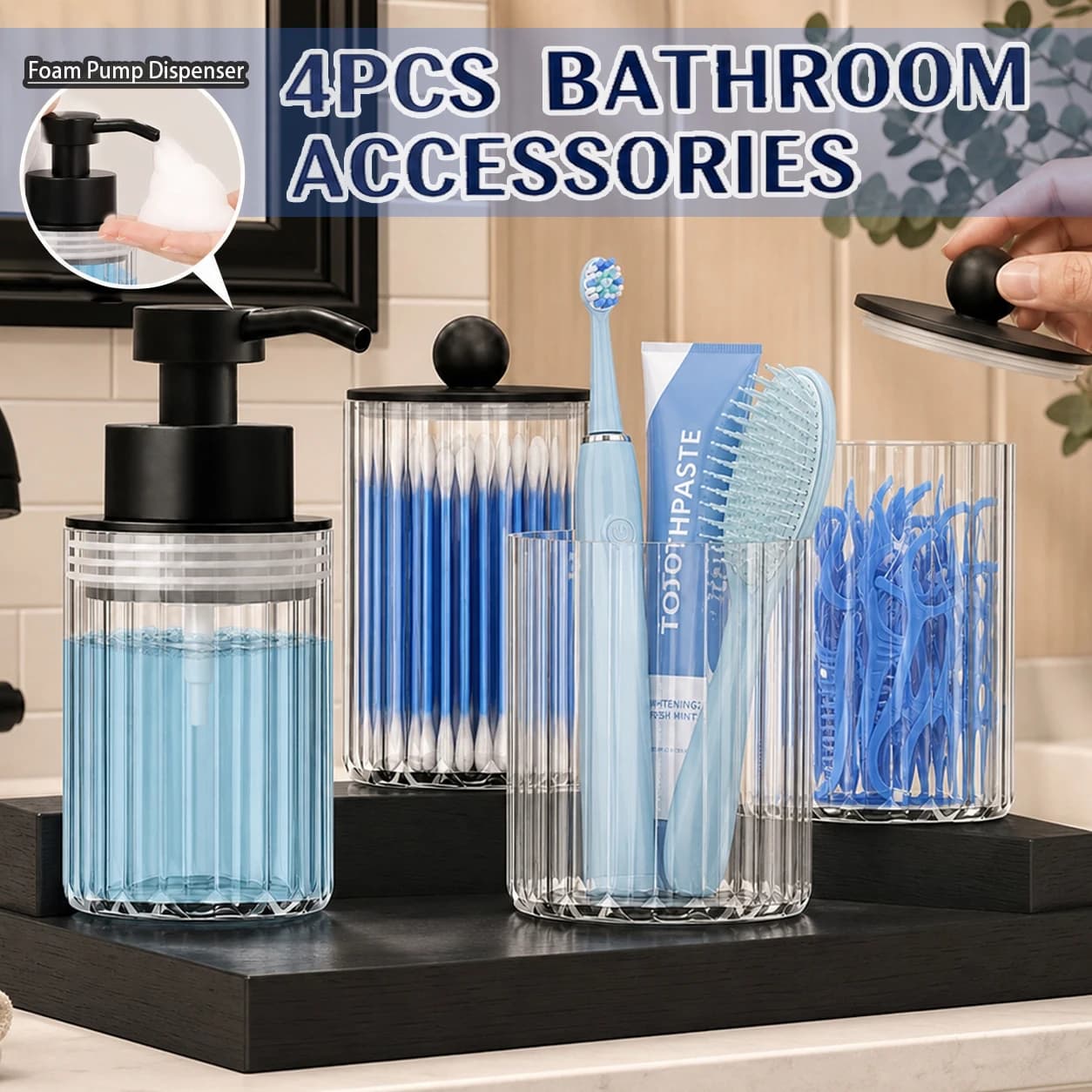 4Pcs Bathroom Accessories Set, Farmhouse Bathroom Counter Organizer with Foaming Soap Dispenser, storage Jars, Toothbrush Holder