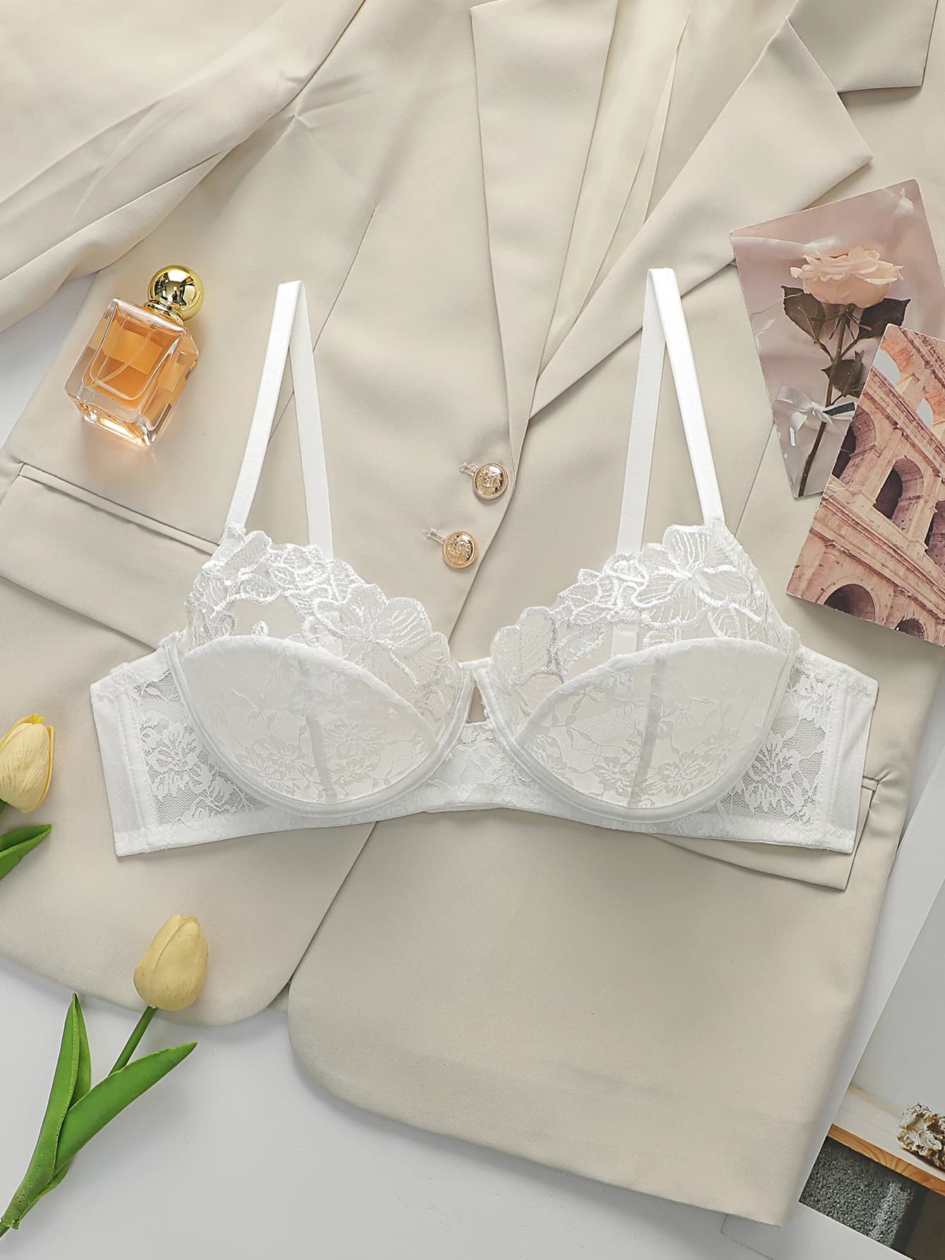 Reggiseno sexy da donna con ricami in pizzo floreale, con bordi in acciaio, push-up, spalline regolabili, reggiseno comodo MR3553