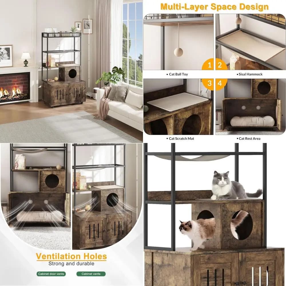 Recinto per Lettiera per Gatti 2-in-1 in Legno Alto 60 cm con Area di Stoccaggio e Gioco, Adatto per Soggiorno e Ingresso