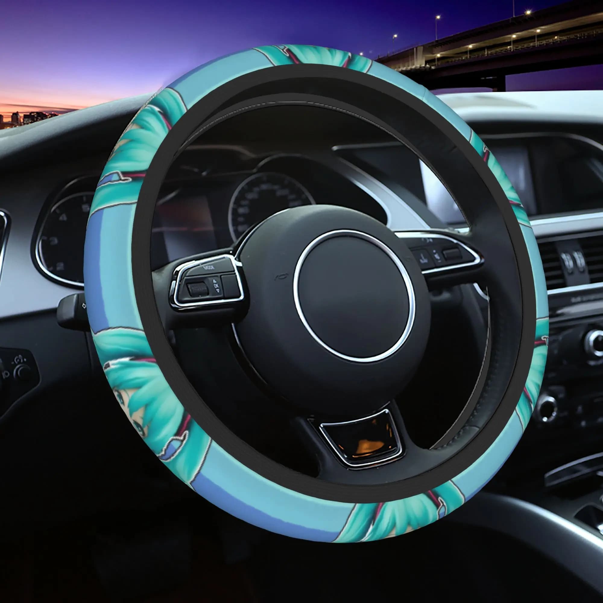 Kawaii Anime Hatsune Miku Car Cover, Steering Wheel Cover, Suitable for Auto Decoration, Car Accessories