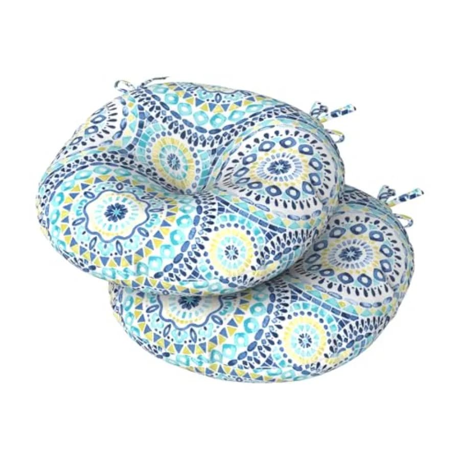 Set di 2 Cuscini Rotondi per Sedie da Esterno 38x38x10 cm con Lacci, Idrorepellenti, Trapuntati, per Sedie da Bistrot, Spessi Cuscini per Sedie da Patio