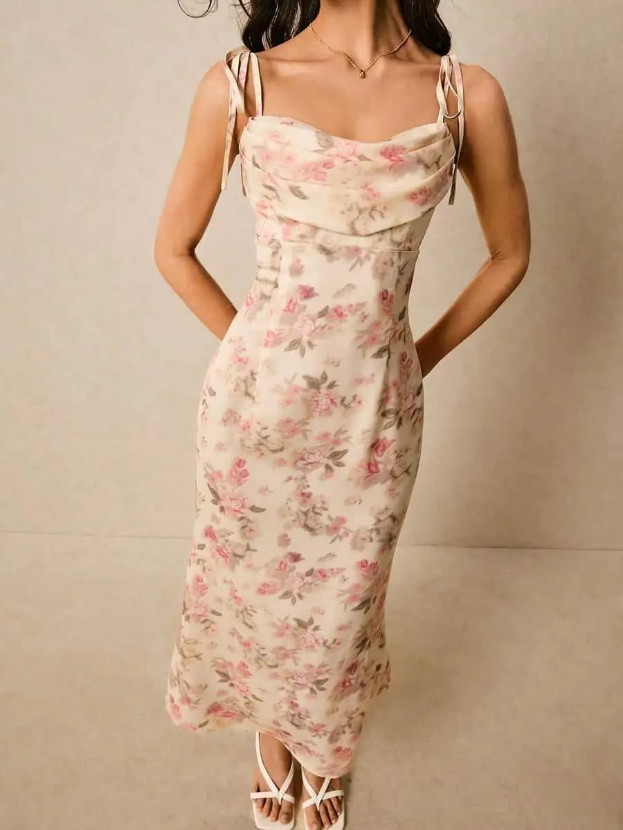 Elegant Floral Print Maxi Slip Dress Summer Women Sundress