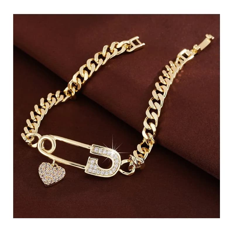 New Chain Pin Love Small Pendant Inlaid Zircon Bracelet Exquisite Versatile Pure Copper Women's Bracelet