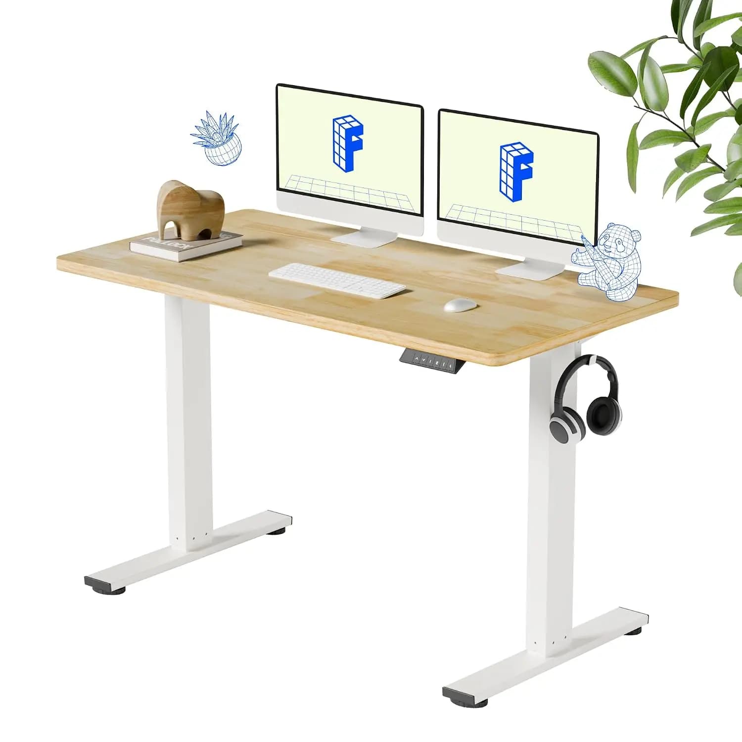 Solid Wood Standing Desk White Frame Natural Grain 176LBS Home Office Multi-Monitor 48x24", Customized