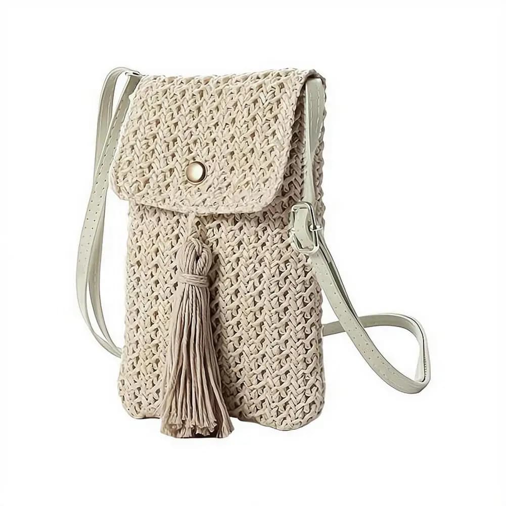 Bohemian Woven Phone Pouch Lightweight Shoulder Purse For Summer Vacation Casual Sundress Accessory Stylish Travel Mini Bag