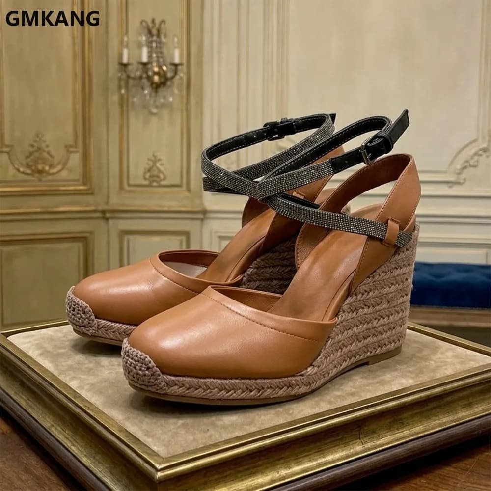 2026 Women's Hemp Rope Wedge Heels Sandals, Suede Leather Ankle Strap, Beaded String Design, Comfortable Platform Summer
