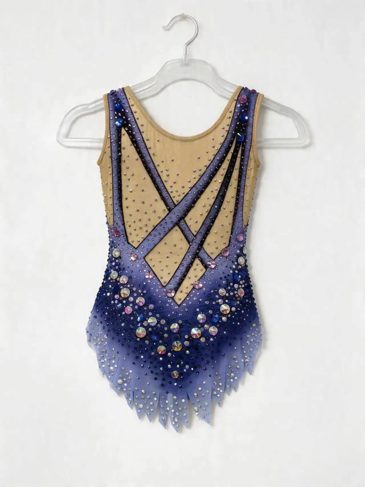 Costume da Pattinaggio Artistico di Lusso con Sfumature e Strass Scintillanti, Senza Maniche, per Competizioni, Spettacoli e Allenamenti di Ginnastica per Ragazze