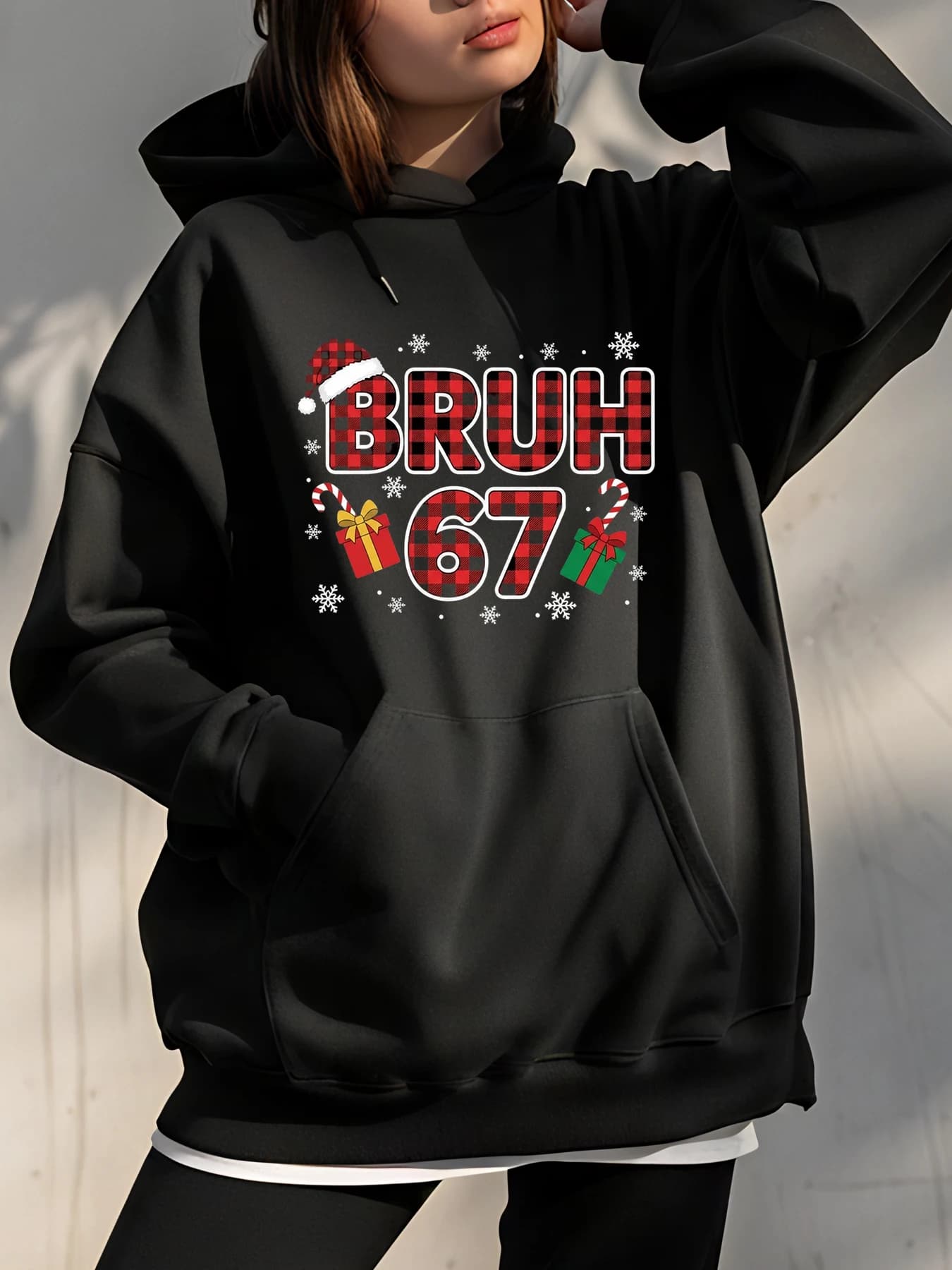 Bruh 67 Christmas hoodie with Scottish design and Christmas elements with gifts and sugar sticks for festive clothing